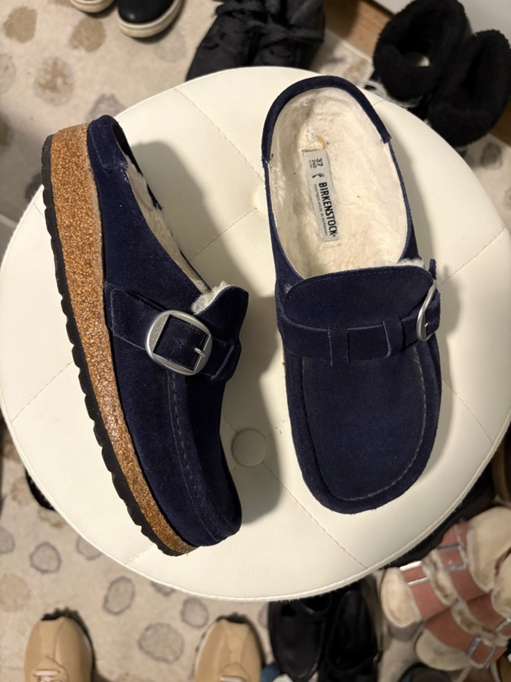 Birkenstock Navy Suede Shearling-Lined Clogs with Buckle